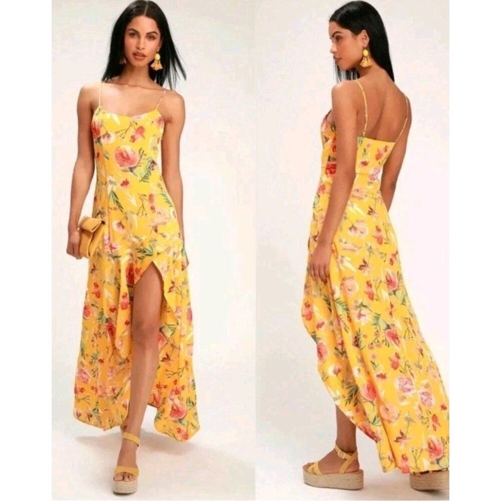 Lulus Dress Womens Large Mustard Yellow Floral Print High Low Maxi Length New - Picture 8 of 9